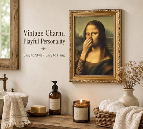 CXKAWM Gold Framed Funny Mona Lisa Bathroom Canvas Wall Art 9x11in | Mona Lisa holding nose Bathroom Wall Decor Picture Humor Amusing Toilet Poster Print for Bathroom Home decoration