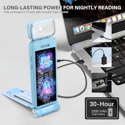 KTEBO Rechargeable Book Light with Clip & Battery Indicator, 9 Luminescence Modes, USB-C Portable 1.6 oz Ultralight Lamp for Night Reading in Bed, Readers - Blue