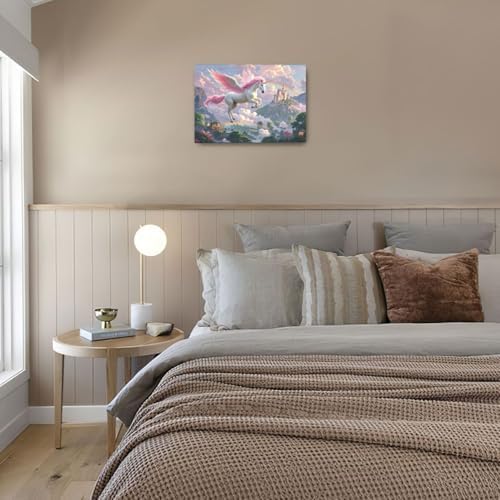 Crekviy Pink Unicorn Wall Art Fantasy Unicorn Bedroom Decor for Girls Magical Canvas Prints Painting Pictures Artwork Decorations for Nursery Room Bathroom Framed Kids Gifts 16"x24"