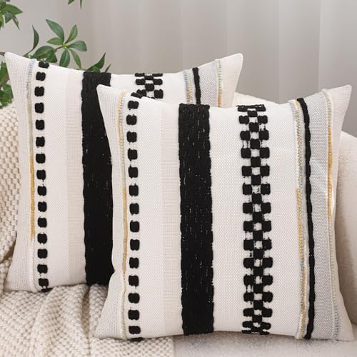 Boho Throw Pillow Covers 18x18 inch Set of 2 Black Cream