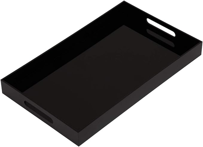 Glossy Black Sturdy Acrylic Serving Tray with Handles-12x20Inch-Serving Coffee,Appetizer,Breakfast,Butler-Kitchen Countertop Makeup Drawer Organizer-Vanity Table Ottoman Decorative Tray