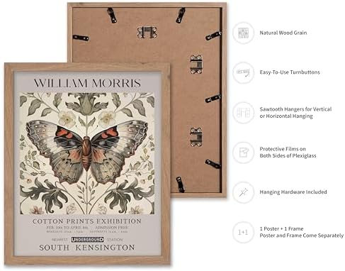 Poster Master William Morris Poster - Butterfly Print - Moth Illustration - Botanical Art - Flower Art - Exhibition Illustration - Animal Illustration - Floral Painting - Aesthetic Office or Bedroom Decor - 11x14 Beige Framed