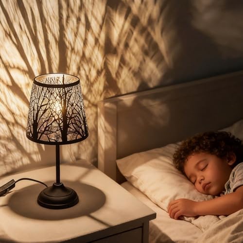 Black Metal Shadow Lamp, Tree Shadow Projection, Vintage Table Lamp Switch