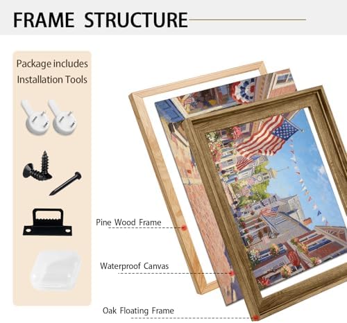 American Flag Framed Canvas Wall Art, 4th of July Patriotic Canvas Prints | USA Flag with Small Town Street Poster Print, Independence Day Wall Decor for Bedroom Living Room 6×8in