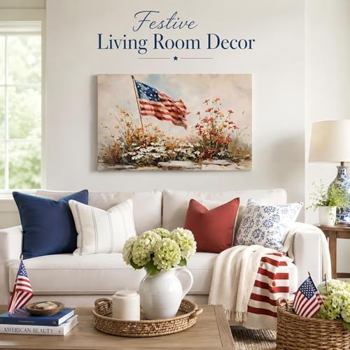 4th of July American Flag Wildflower Canvas Wall Art 8x12in, Framed Patriotic Prints Pictures for Bedroom, Vintage Farmhouse Wall Decor Artwork for Living Room Office Home, Made in USA
