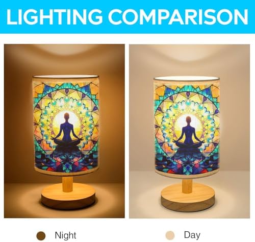 Yoga Table Lamp LED 3-Color Pressed Bedside, Yoga Shade Lamp with Wood Base for Bedroom Living Room Desk Office TL01