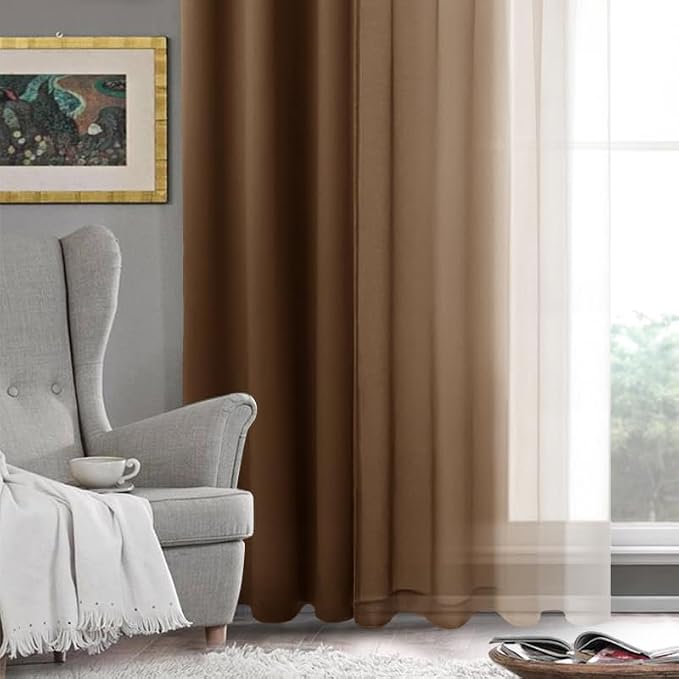DWCN Ombre Short Sheer Curtains - Faux Linen Semi Voile Gradient Light-Filtering Bedroom and Living Room Curtains, Set of 2 Grommet Top Window Drape Panels, 42 x 54 Inch Length, Warm Brown