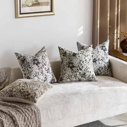 Vintage Floral Euro Sham Covers 24x24 Pack of 2 Country Farmhouse Accents Chenille Jacquad Decorative Square Throw Pillow Cases for Living Room Couch Bed Home Decor, Camel Khaki Tan