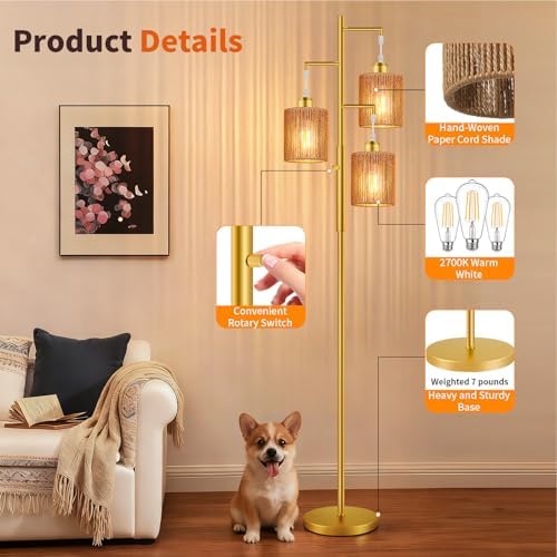 Hotsonic 72" Boho Rattan Tree Floor Lamp, Tall Dimmable Industrial Standing Lamp, Corner Decor Accent Lighting for Living Room, Bedroom, Dining Room, Nursery, Cafe (3 x 800LM Bulbs Included) - Gold