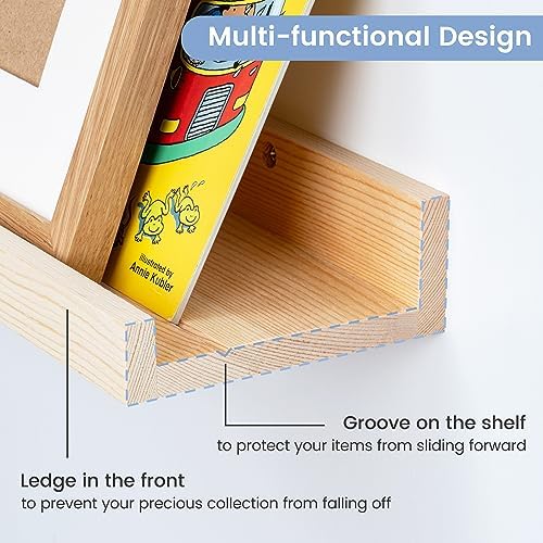 Picture Ledge Shelf, Floating Shelves Set of 2, Solid Pine Wood 55'' Long Large Nursery Book Shelves for Toys Storage, Kids Bookshelf for Living Room Bedroom Decor Books Photo Frames, Natural