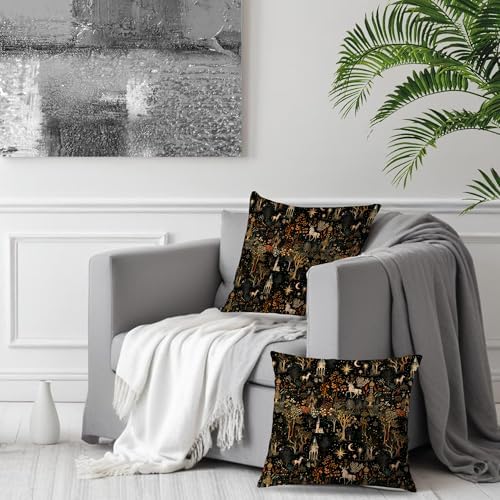 Medieval Dark Gothic Forest Pillow Covers 18x18 Double-Sided Set of 2, Cottagecore Room Home Decor,Boho Witchy Celestial Whimsical Forest Horse Castle Botanical Decorative Throw Pillow Covers
