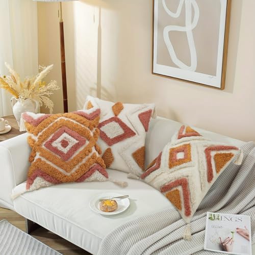 Merrycolor Boho Throw Pillow Covers 18x18, Decorative Pillow Covers with Tassels Woven Tufted Bohemian Pillow Covers for Couch Sofa Bedroom Living Room (Orange)