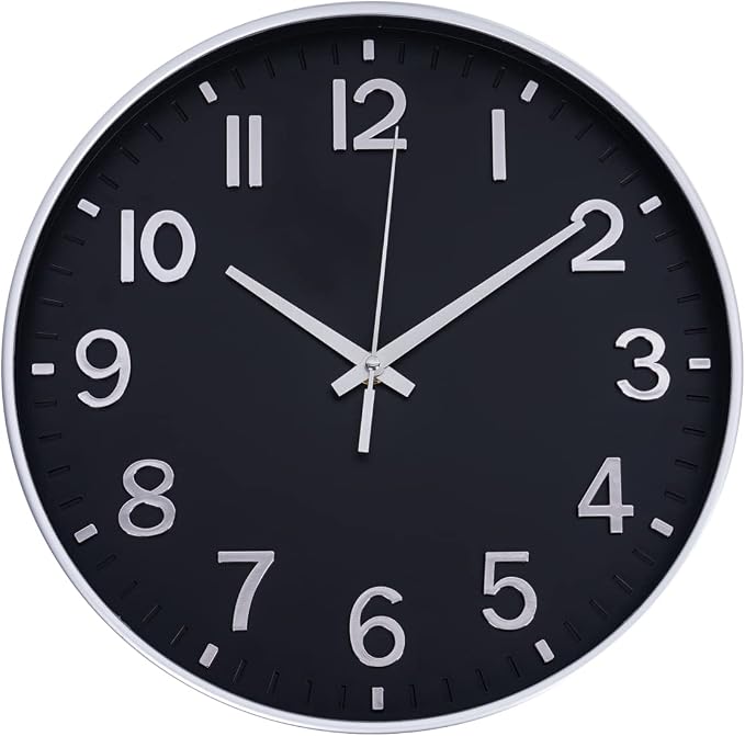 HZDHCLH 12 Inch Silent Wall Clock Battery Operated Non Ticking Black Silver | Non Ticking Round Clock for Wall,Wall Clock for Kitchen Bedroom Living Room Office Classroom Decor
