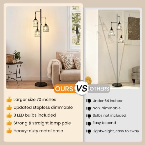 Sucolite 70’’ Tall Floor Lamp for Living Room, 3-Light Black Standing Lamp