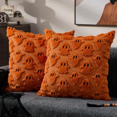 DFXSZ Halloween Pillow Covers 20x20 inch 2Pcs Orange Black Ghost Halloween Decor