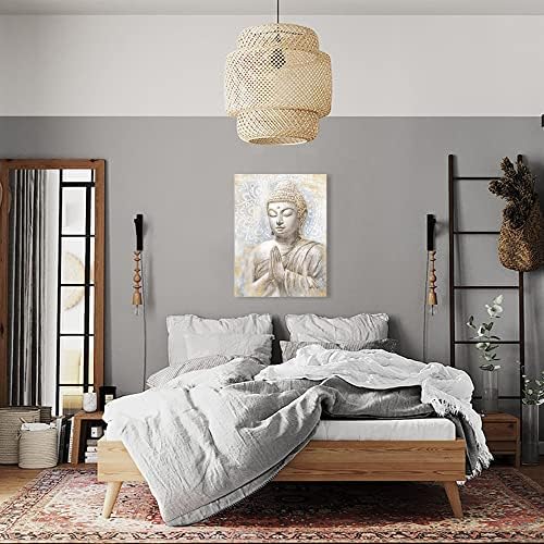 Gold Buddha Wall Art: Laughing Buddha Painting with Mandala Flower and Gold Leaf for Living Room, Bedroom, Yoga Room, Buddhist Meditation Room - 24"x32"