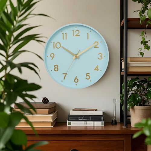 Mosewa Small 8 Inch Wall Clock Battery Operated Silent Non Ticking Analog | Aqua Blue modern clock; oversized 3D easy-read dial for kitchen, bedroom & office; 1 AA battery (not included)