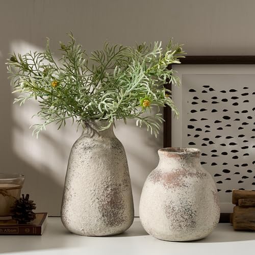 PORCER Ceramic Vase Set of 2 for Home Decor, Handcrafted Vintage Terracotta Vases, Rustic Farmhouse Decor, Minimalist Decorative Vase Set for Table Centerpiece Fireplace Nightstand Decoration - Brown