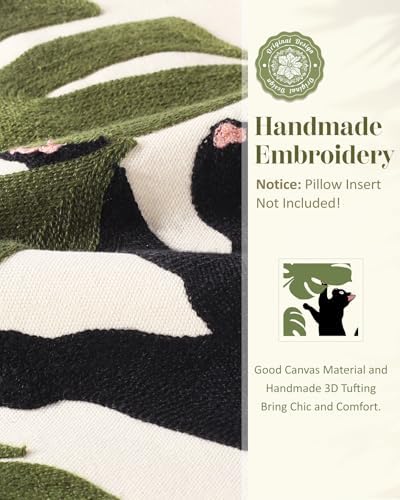 Spring Pillow Cover 18x18 Inch – Embroidered Summer Throw Pillow Cover Cat Monstera Leaves Farmhouse Decorative Cushion Case with Hidden Zipper Decoration for Couch, Sofa, Living Room(1 Pack)