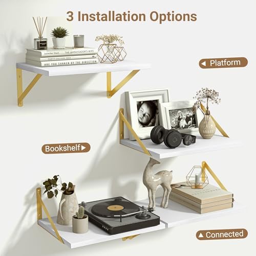 Heimlove 12 Inch Deep White Floating Shelves for Wall，Wood Floating Shelves 16" W x 12" D Set of 2，Wall Mounted Shelves for Living Room, Bedroom, Kitchen, Bathroom and Decor Storage,Gold Bracket