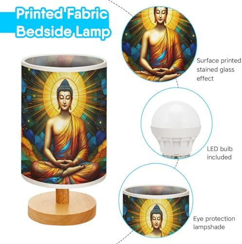 Buddha Table Lamp LED 3-Color Pressed Bedside, Buddha Shade Lamp with Wood Base for Bedroom Living Room Desk Office TL01