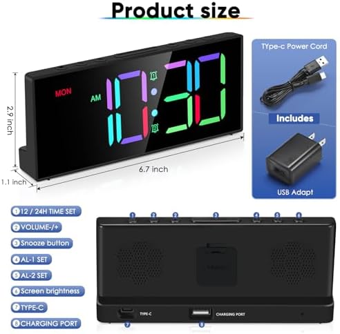 Tetino Alarm Clock for Heavy Sleepers, Digital Clocks with Adjustable Volume Brightness,Snooze,Battery Backup, Large Numbers Display RGB Colorful Changing Clock for Bedrooms,Office Living Rooms