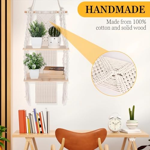 Barydat 1 Pack Macrame Wall Hanging Shelf 2 Tier Handmade Boho Hanging Wall Shelf Floating Woven Rope Decorative Storage Racks Holder Organizer for Home Bedroom Bathroom Plants, Beige (Classic)
