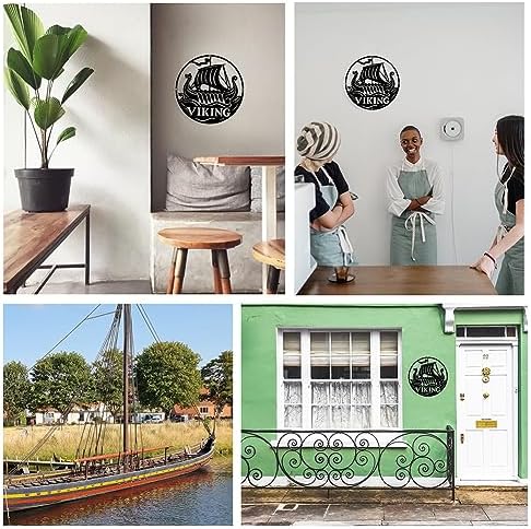 NBEADS Viking Boat Metal Wall Art Decor, Round Matte Black Wall Hanging Decor Silhouette Wall Art for Home Bedroom Living Room Bathroom Kitchen Office Hotel Wall Decoration, 11.8"(30cm)
