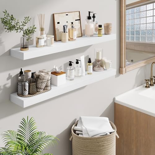Fun Memories 40 Inch Floating Shelves, Long Wood Wall Shelf Set of 2 with Invisible Brackets, for Bathroom, Living Room, Bedroom, Kitchen, White