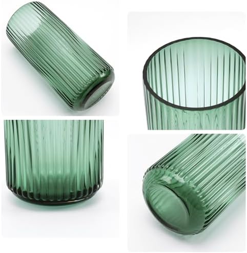 Vintage Emerald Green Glass Vase-10 Inch Tall Ribbed Glass Cylinder Vases for Flowers, Decorative Flower Vase for Centerpieces, Bouquet, Desk, Dining Table, Shelf, Countertops, Home Decor