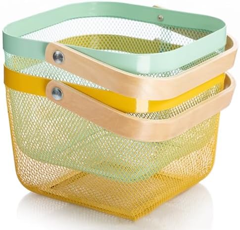AJIODA Metal Mesh Steel Basket, Storage Organizer Basket Multi-functional Hanging Kitchen Baskets Fruit Baskets with Wooden Handle for Kitchen Bathroom Picnic Shopping Decor Cabinet Home, Yellow