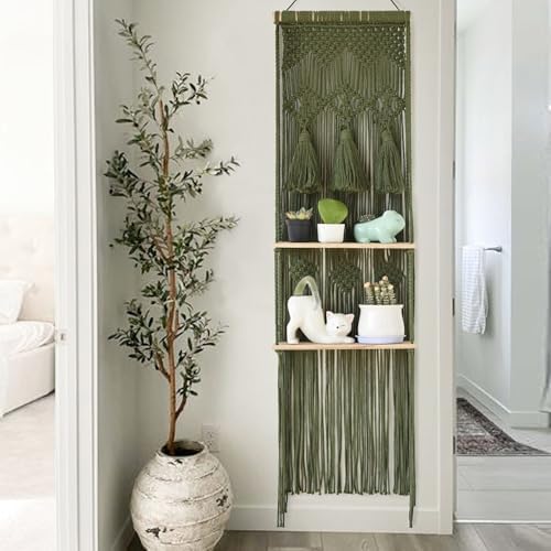 Flber Hanging Shelf Macrame Wall Hanging Green Boho Shelfs Tassels Floating