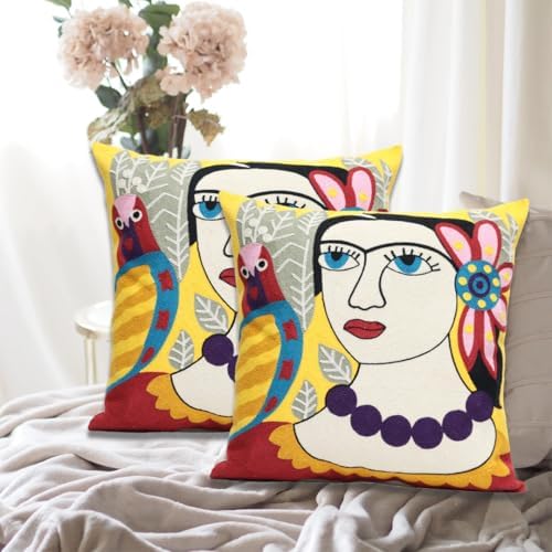 2 Pcs Embroidered Decorative Throw Pillows Covers for Sofa Decor Cushion Cases 18 x 18 Inch (Necklace Lady)
