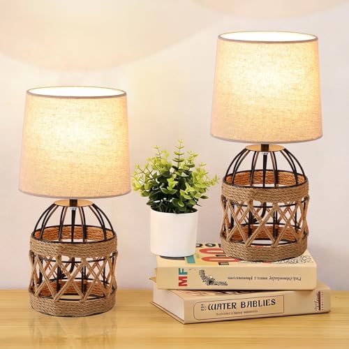 2 Pack Boho Rattan Table Lamps for Bedroom,Small Bedside Nightstand Lamp with Metal Cage Base Linen Shade,Farmhouse Coastal Rustic Living Room Bedroom Decor