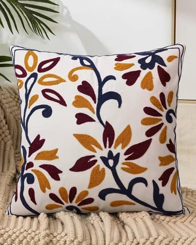 Embroidered Floral Boho Throw Pillow Cover 18x18 Inch - Decorative Cotton Pillow Case for Couch, Sofa, Bedroom, Living Room - Farmhouse Home Aesthetic Housewarming Gifts (Vintage Charm, 18" x 18")