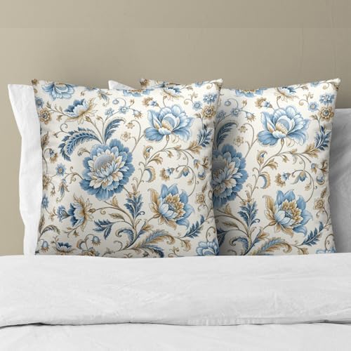 Blue Flowers Chinoiserie Print Throw Pillow Covers 22x22 Inch Set of 2 Vintage Floral Boho Cottage Spring Fall Decor Cushion Cover Neutral Accent Modern Pillowcase for Home Bedroom Sofa Couch