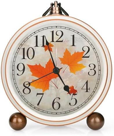 Classic Vintage Table Clock - 5.2in Analog Desk Clock, Silent Non-Ticking Clock with Distressed Metal Frame for Office, Living Room or Bedroom (Maple-Leaf)
