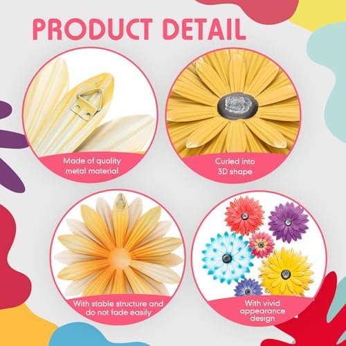 Zhehao 6 Pcs Metal Flower Wall Art Decor 5/8/10 Inch Sunflower Wall Decorations Hanging Outdoor Art Multicolored Handmade Metal Flowers Outdoor Decor(Classic Color)