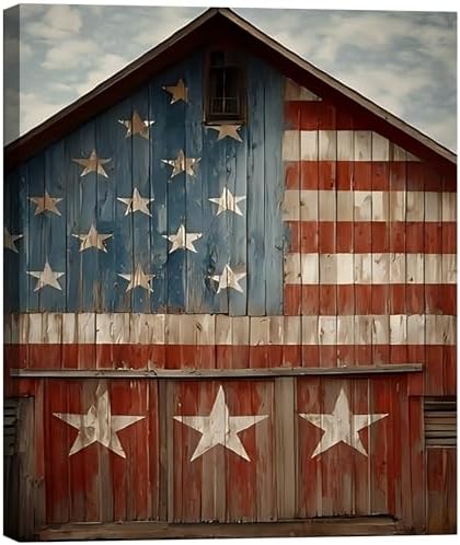 RIBNTAK Rustic American Flag Barn Canvas Wall Art, Vintage Patriotic Farmhouse Artwork Pictures, Americana Country Wall Decor for Living Room Bedroom Entryway Office
