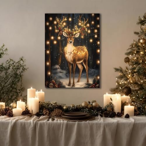 FLZYKGPA Christmas Reindeer Wall Art Framed 16x24, Cottage Winter Forest Wildlife Deer Picture Wall Decor, Rustic Xmas Cozy Winter Hanging Canvas Prints for Home Bedroom Living Room Decoration