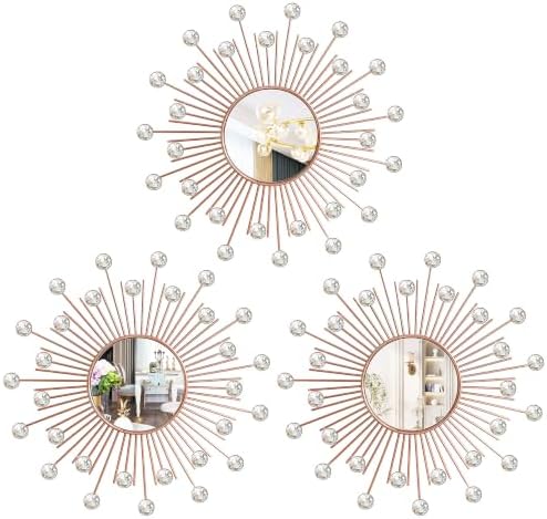 3 Pack Metal Mirrors for Wall Sunburst Wall Mirrors Home Décor Decorative Hanging Wall Art for Living Room Bedroom Entryway (Rose Gold2 Crystal, Sunburst)