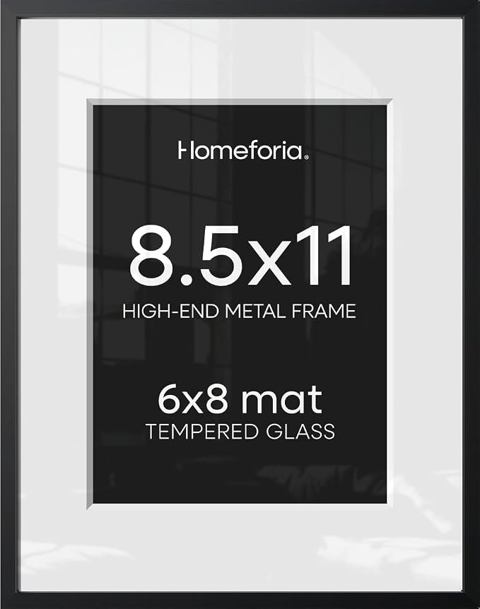 Homeforia 8.5x11 Black Picture Frame, High-End Metal, 6x8 Mat, Glass
