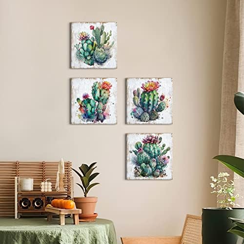 Cactus Wall Art Cactus Bathroom Decor Mexican Succulent Pictures Wall Decor | Southwestern Wall Art Boho Botanical Plants Canvas Prints Desert Flowers Paintings Living room Home Office Decor 12x12" 4Pcs