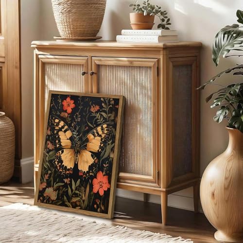 Dark Vintage Butterfly Wall Art,Butterfly Botanical Nature Pictures Wall Decor Flower Prints, Gothic Canvas Prints for Living Room Bedroom Office 16x24 inch Framed