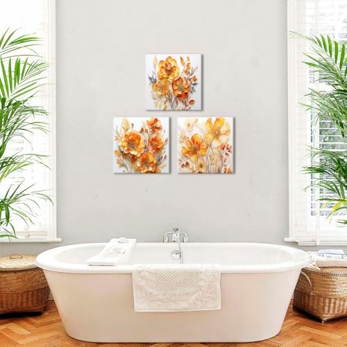 AIYISU Orange Flowers Wall Art for Living Room Decor Abstract Wildflower Canvas Paintings Fall Nature Floral Prints Pictures Modern Autumn Artwork for Bathroom Bedroom Home Decorations 20x20 3Pcs