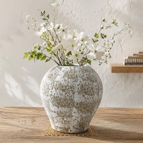 AOZITA Ceramic Flower Vase, 8.7" Tall Large Rustic Farmhouse Bulb Vase with Textured Finish,Vintage Home Decor for Living Room, Kitchen, Bedroom & Office,Antique
