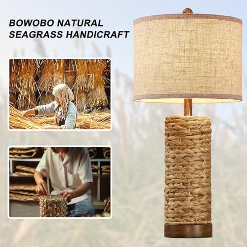 27.5'' Tall Natural Rattan Table Lamps Set of 2, Hand - Woven Wicker Lamp with Linen Shade, Rustic Coastal Boho Style Table Lamps for Bedroom, Living Room, Home Decor