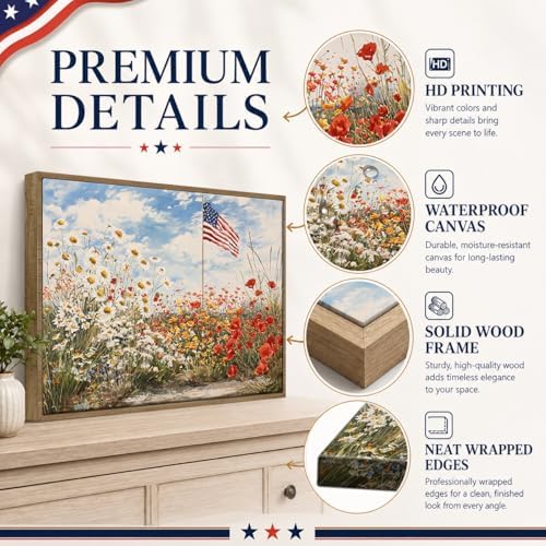 American Flag Framed Canvas Wall Art, 4th of July Patriotic Canvas Prints | Wildflower Landscape Poster Print, Vintage Rustic Independence Day Wall Decor for Bedroom Living Room Office 8×10in