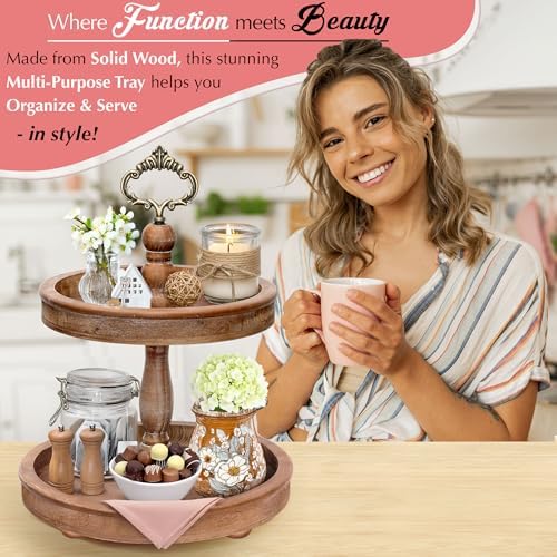 2 Tiered Tray Stand [Includes 3 Changeable Handles] - Rustic Cupcake Stand, Coffee Table Tiered Serving Tray for Kitchen Counter, Stunning Rustic Home Decor, Display Fruits, Plants, Candles (Brown)