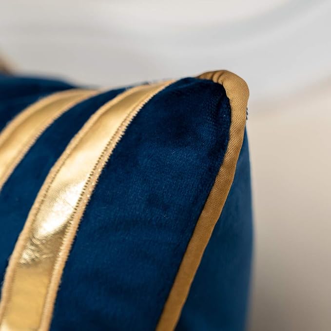 Alerfa Gold Leather Striped Navy Blue Throw Pillow Cover 18x18 Inch, Geometric Luxury Decorative Embroidered Velvet Pillow Cover for Couch Living Room Bedroom